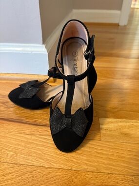 Kids Black T-Strap Bow Wedges